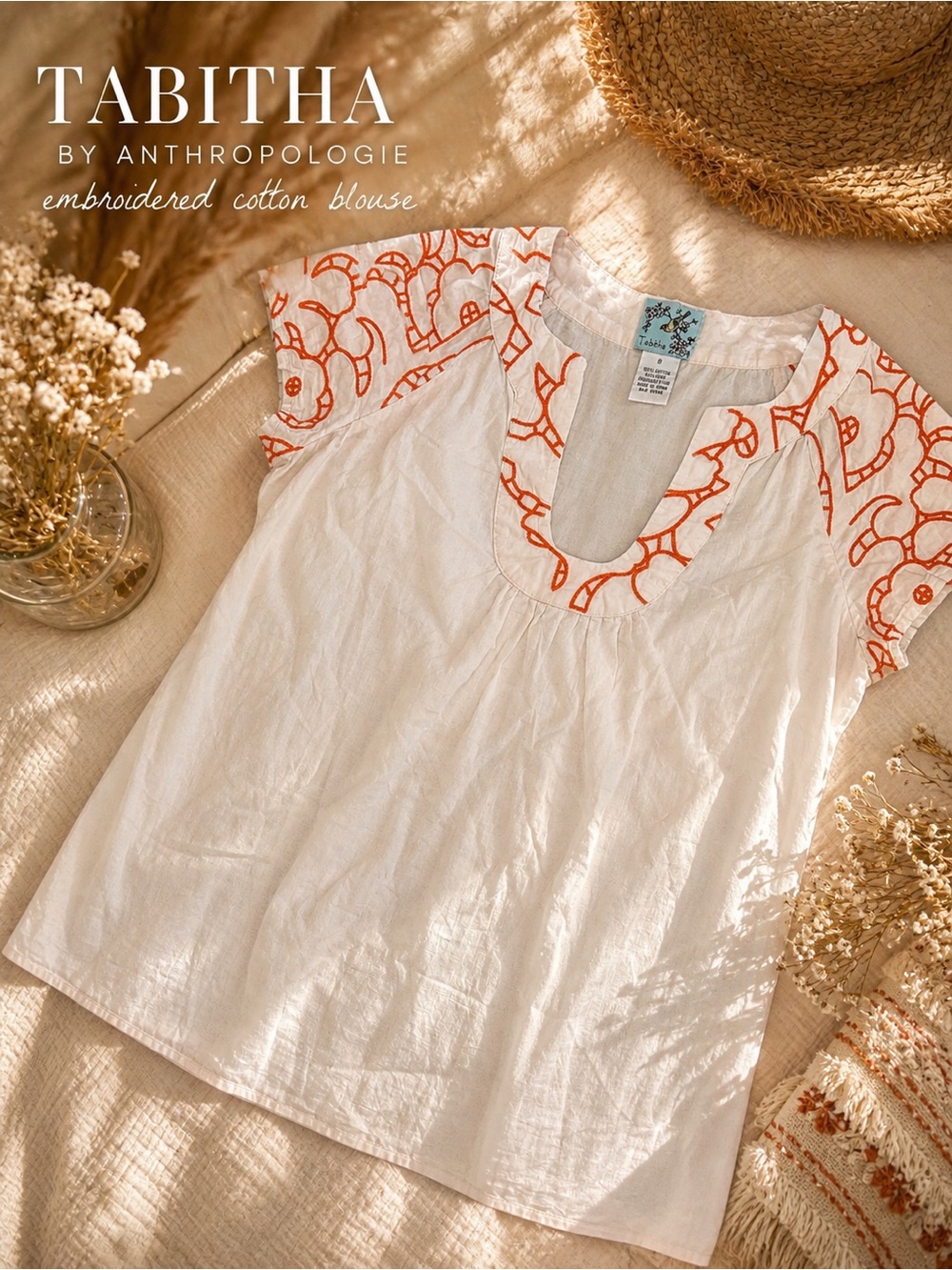 Tabitha Embroidered Cotton Blouse Cream White Orange Boho Top Size 8